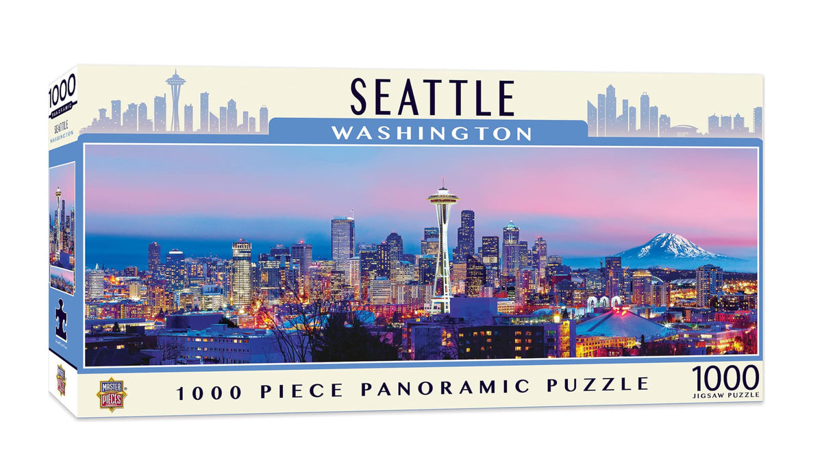 MasterPieces Seattle panoramic 1000-piece puzzle—Space Needle skyline for family or solo challenge.