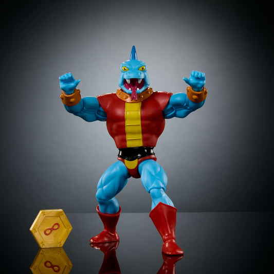 Masters of the Universe Fang Man Wheel of Infinity accessory enhances battle-ready display.