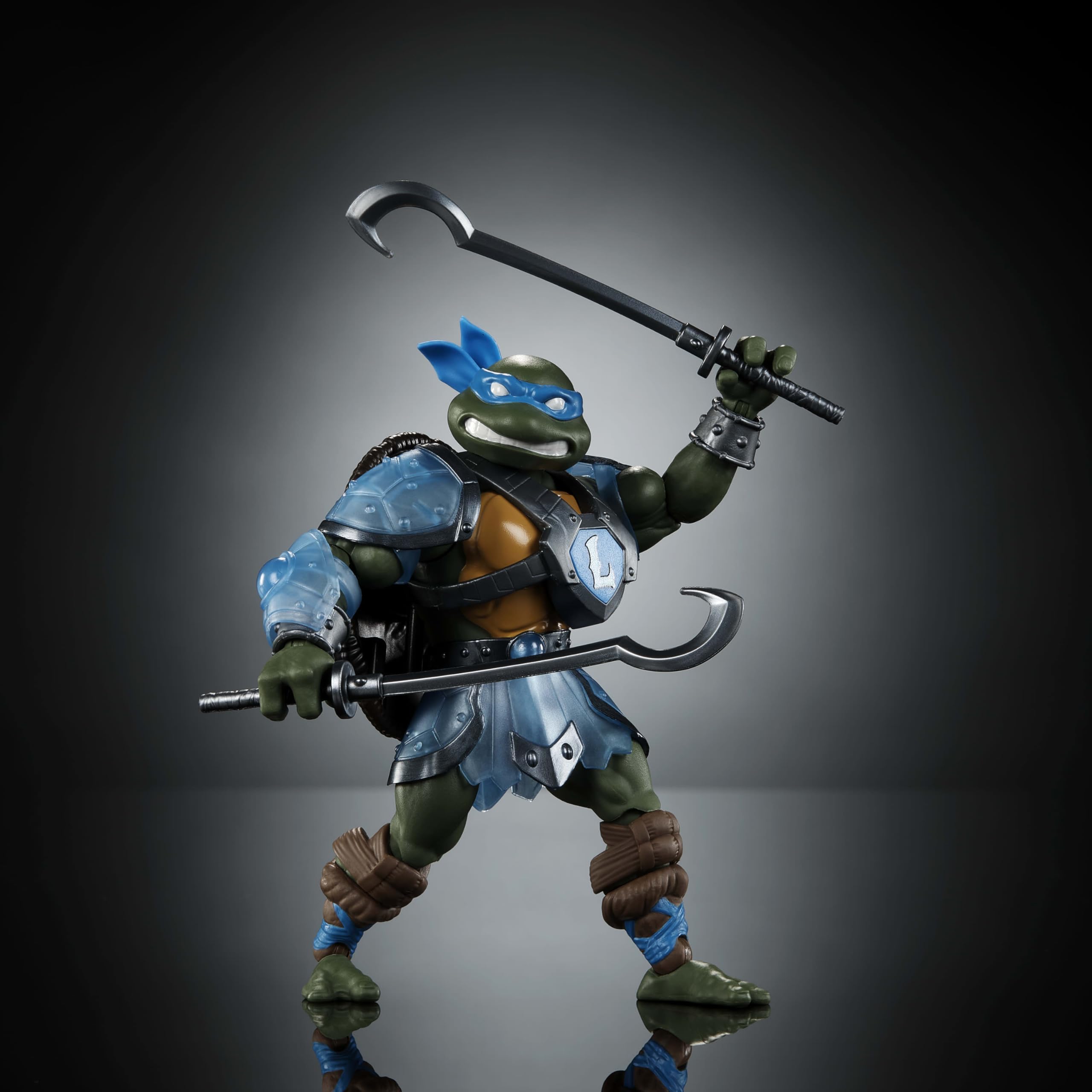 Masters of the Universe Origins Leonardo armor detail in blue metallic accents.