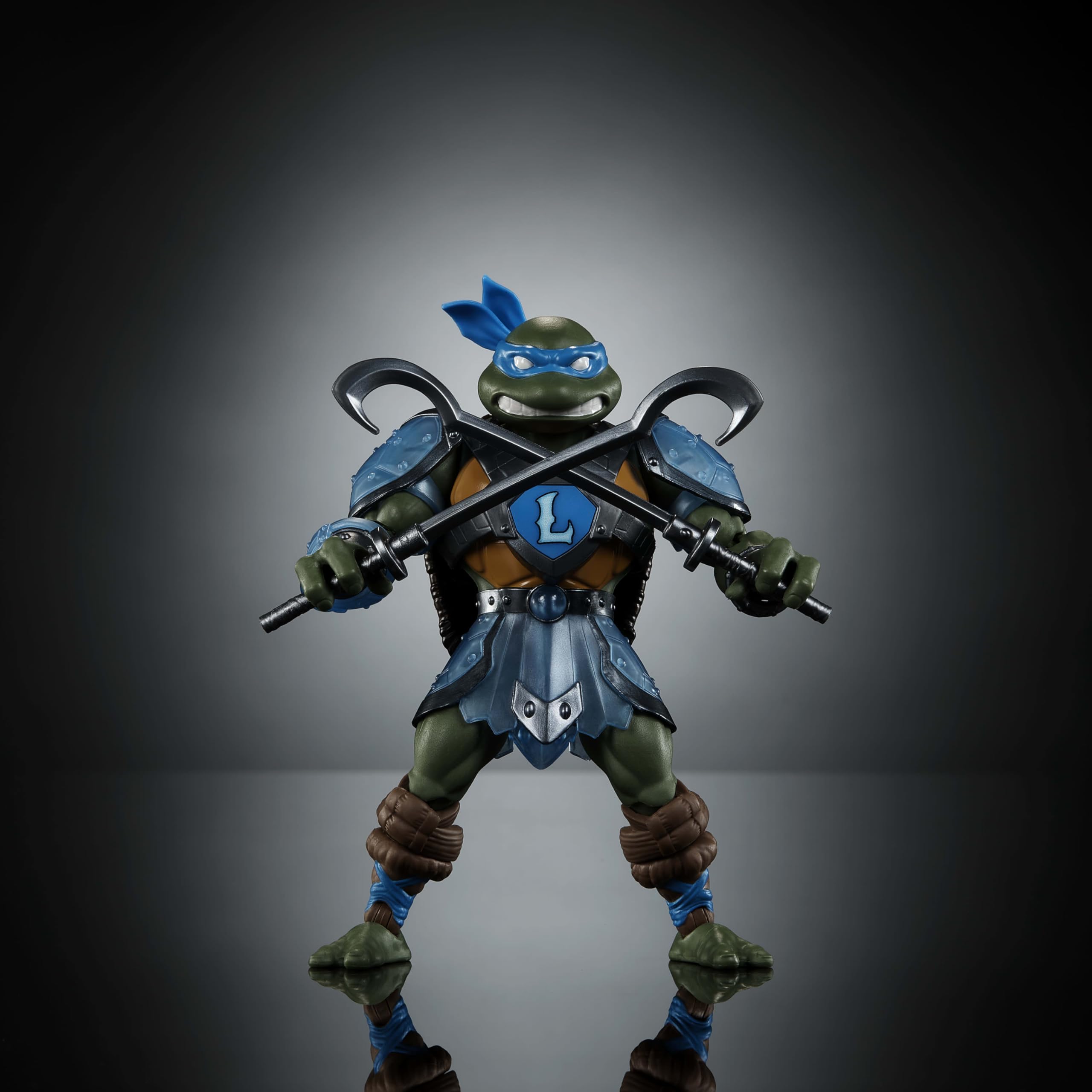 Masters of the Universe Origins Leonardo with removable shell shield for custom armor setups.