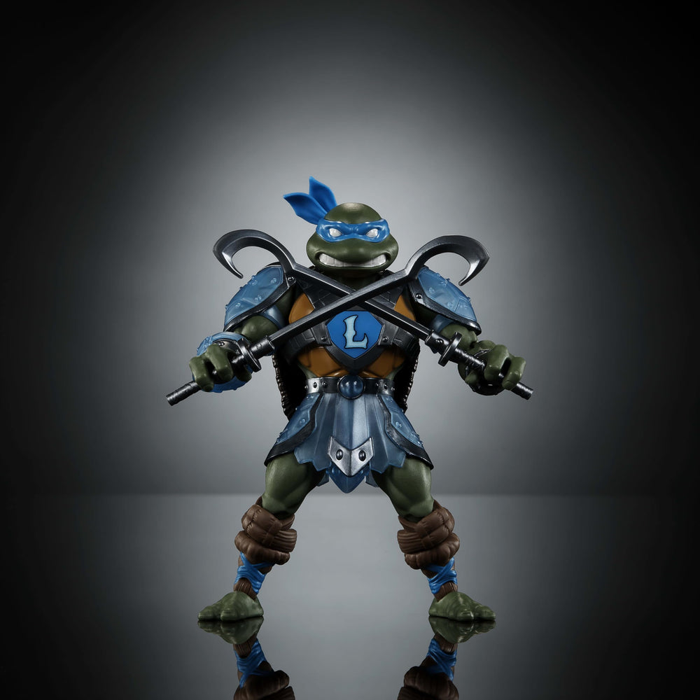 Masters of the Universe Origins Leonardo with removable shell shield for custom armor setups.