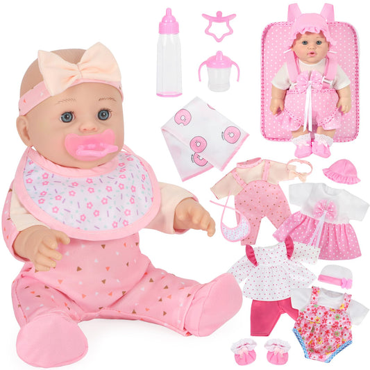 Mastom 12-inch baby doll with backpack for portable pretend play.