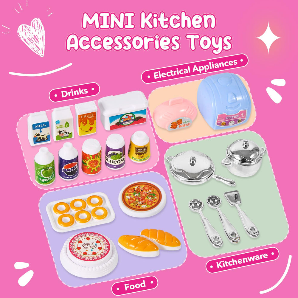 Mastom kids kitchen playset openable cabinets and hooks encourage tidy storage during play.