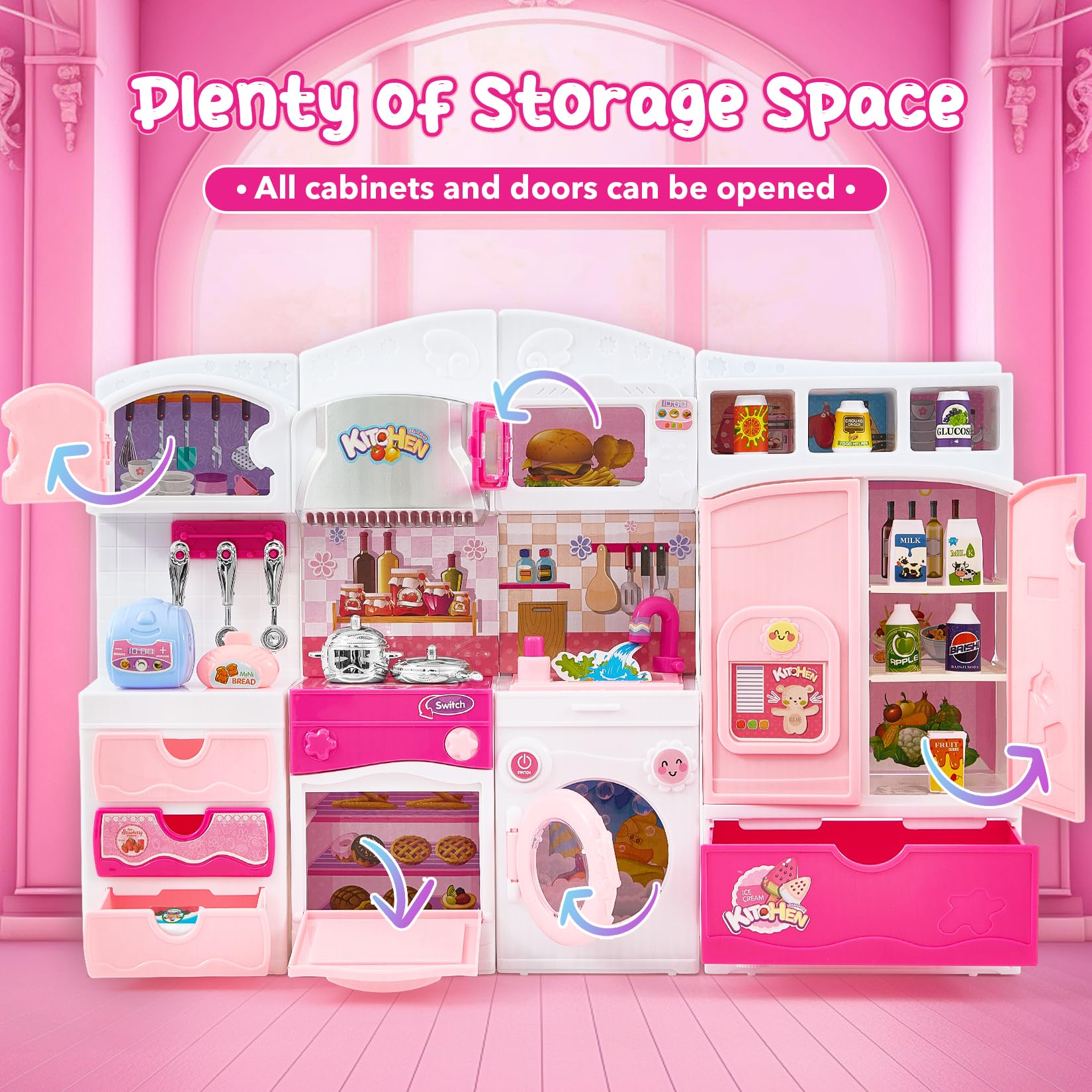 Mastom kids kitchen playset with open oven and microwave doors supports realistic pretend cooking.