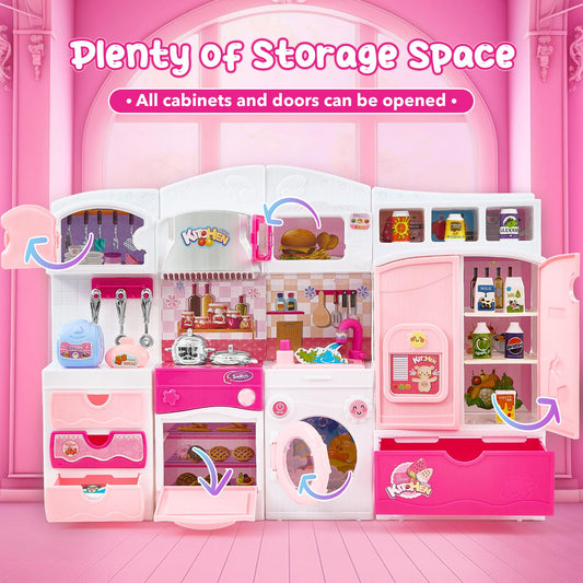 Mastom kids kitchen playset with open oven and microwave doors supports realistic pretend cooking.