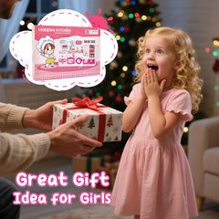 Mastom kids kitchen playset pink design pairs with most 11–12 inch dolls for dollhouse adventures.