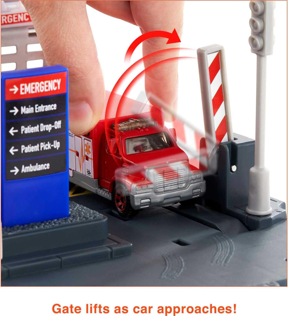 Matchbox car-carrier system invites linking with other sets for expanded layouts.