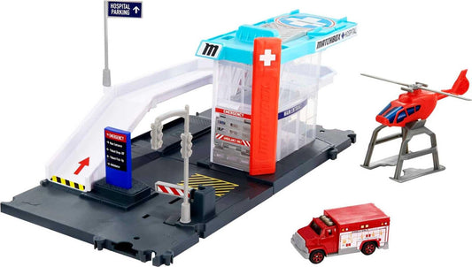Matchbox Action Drivers helicopter rescue on the helipad for thrilling rescue missions.