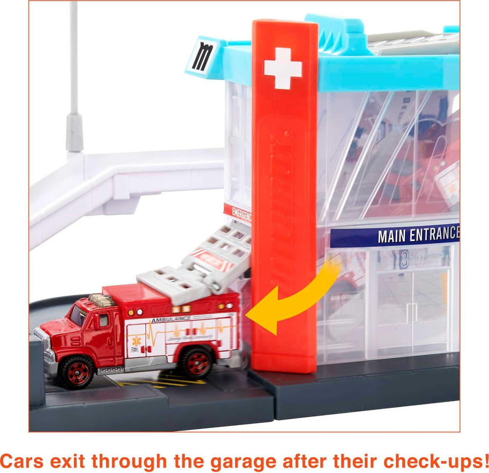 Matchbox hospital landing ramp supports smooth transitions between levels during play.
