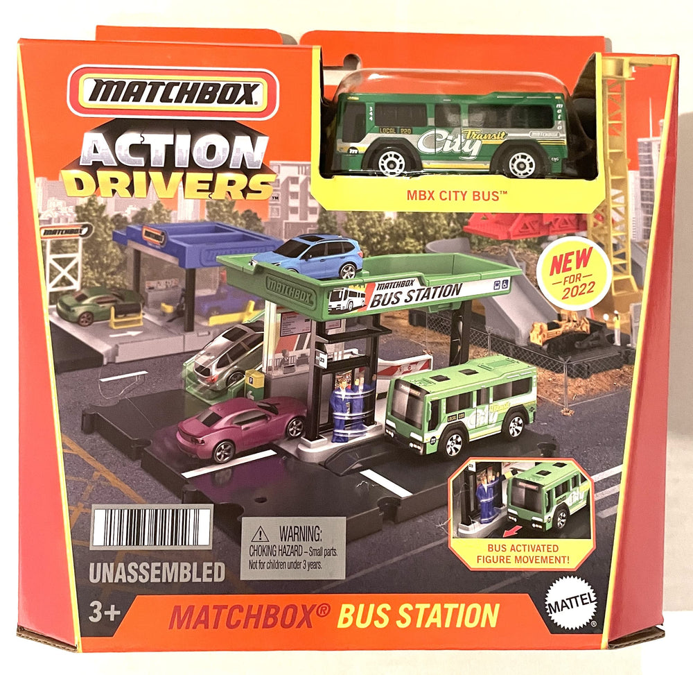 Matchbox bus station playset by Hot Wheels for imaginative city play and fine motor engagement.