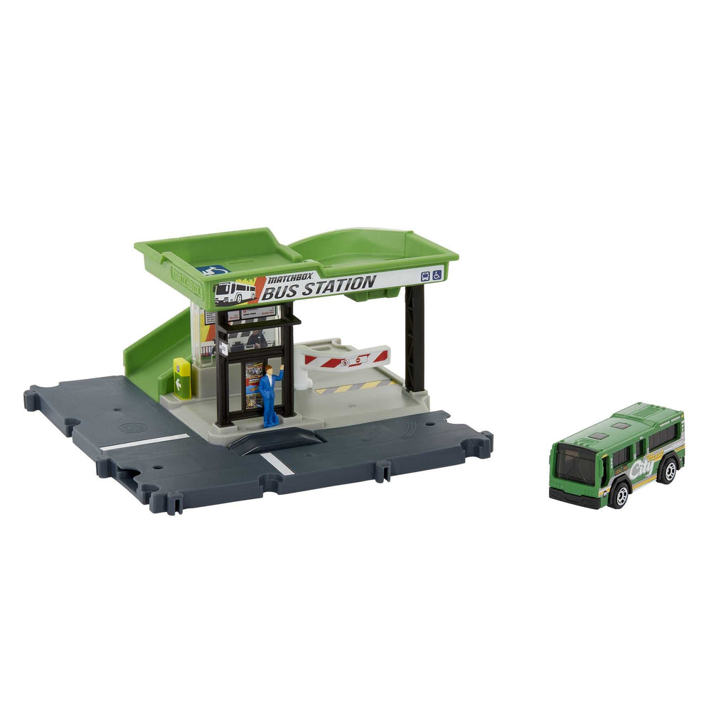 Matchbox bus station track assembly for interactive play and imaginative journeys.