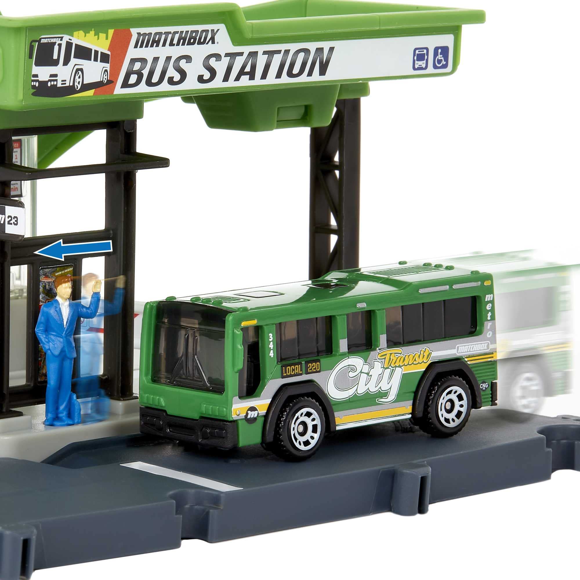 Matchbox charging station with movable hose enables engaging refueling scenes.