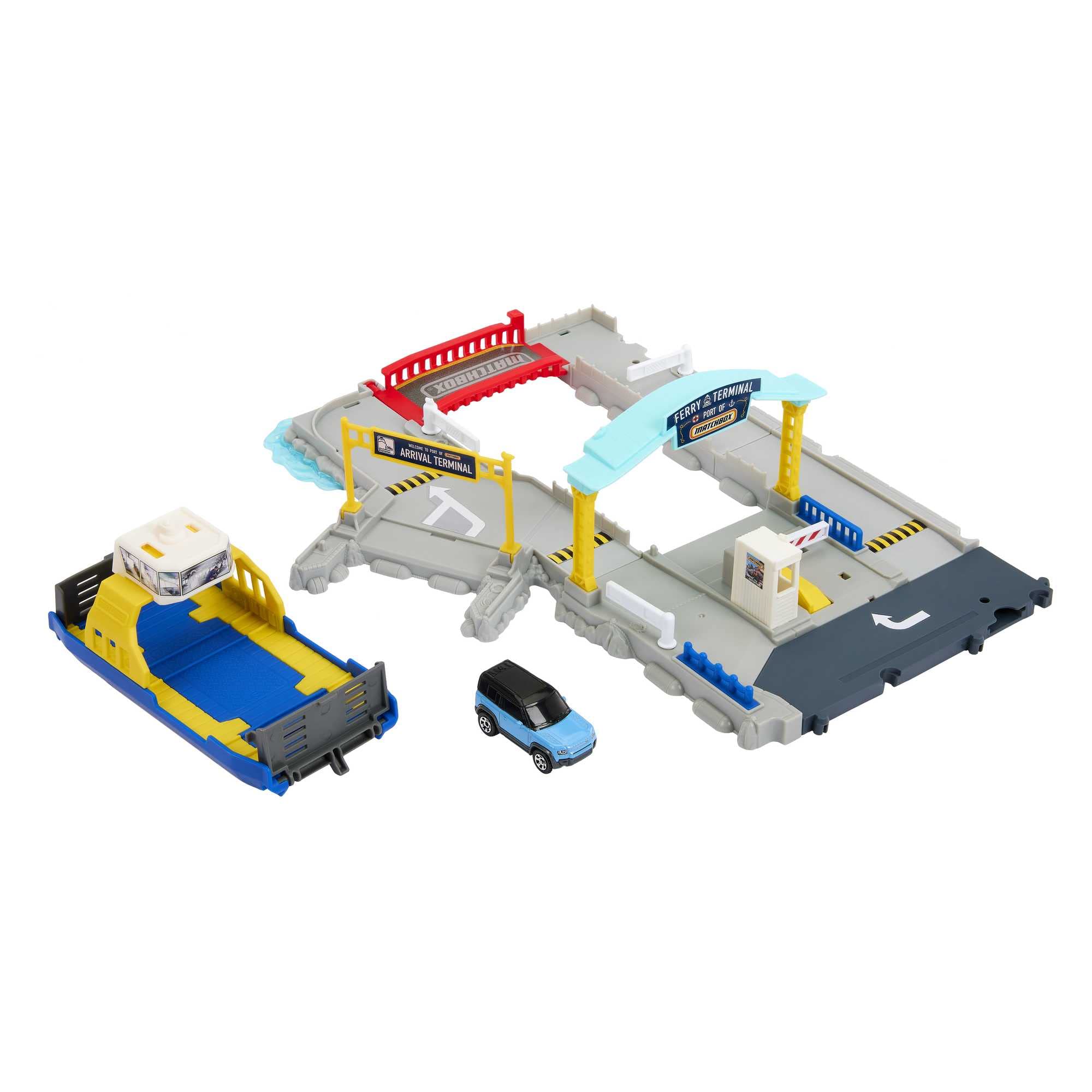 Matchbox Ferry Port bridge raised, guiding cars into the port lanes.