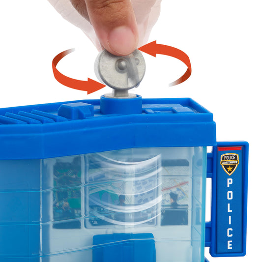 Matchbox Police Traffic Center control room monitor with changing imagery enhances storytelling