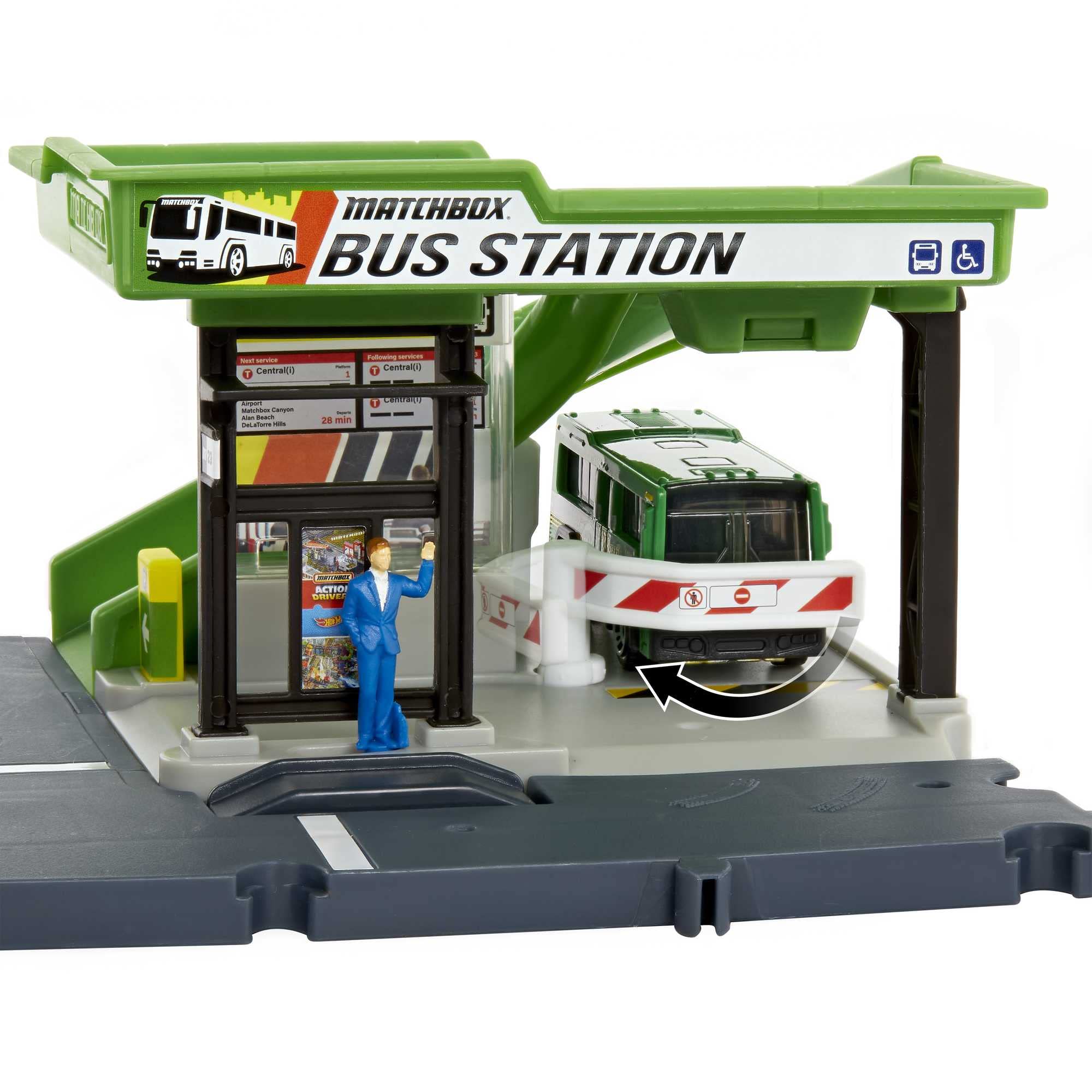 Matchbox bus station door opens as passengers board for dynamic play.