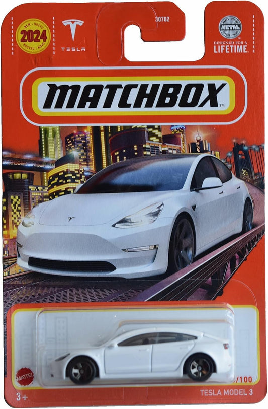 Matchbox Tesla Model 3 white toy car for display and imaginative play