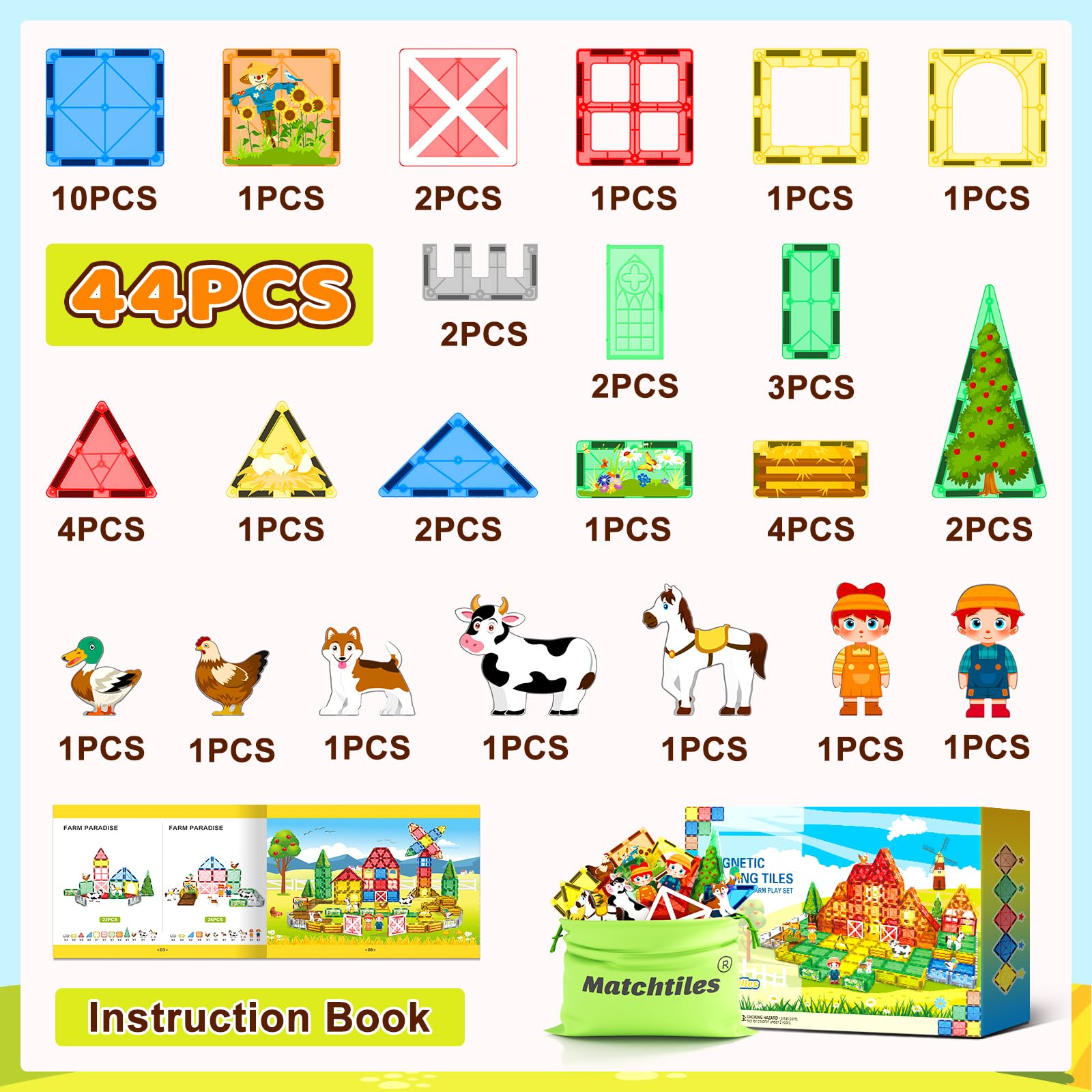 Matchtiles farm-house-building magnetic tiles for creative home construction play.