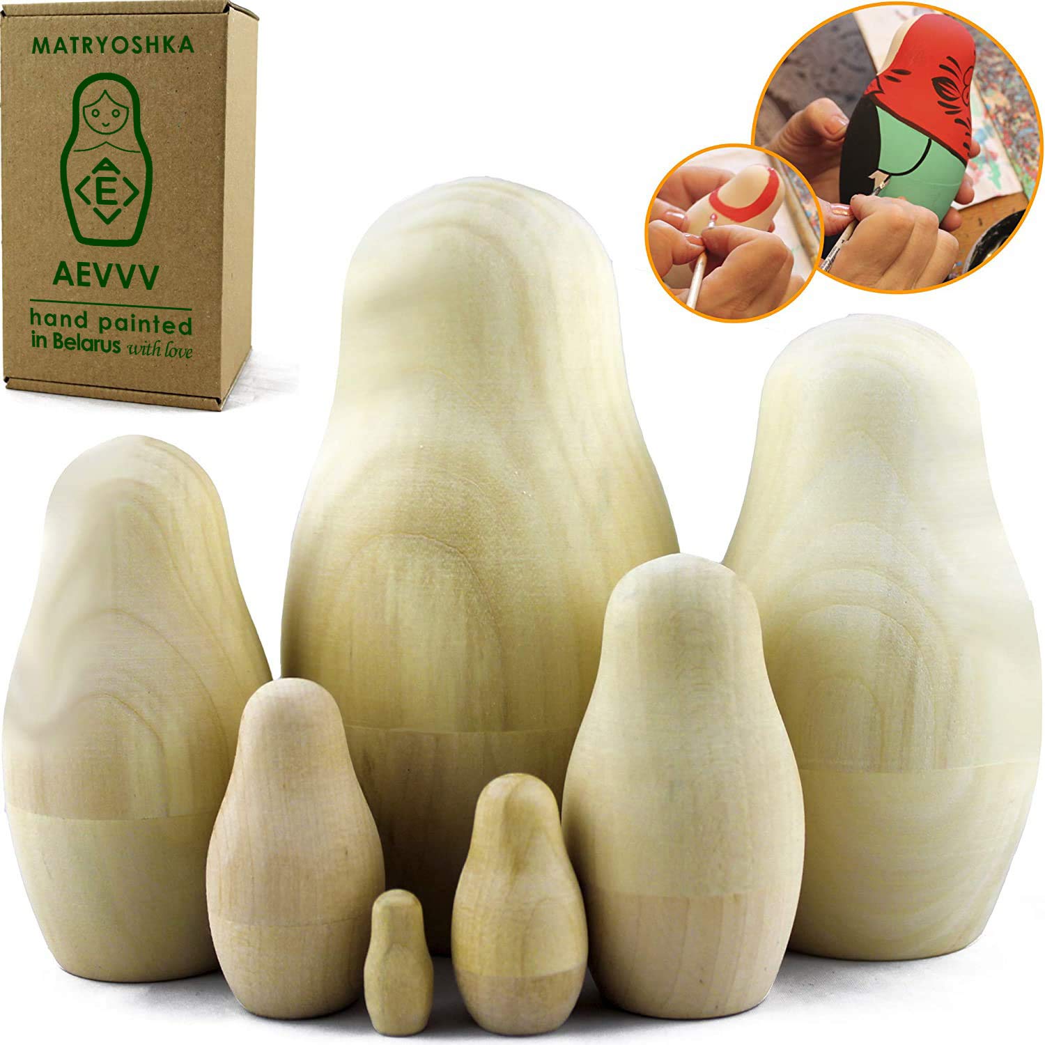 MATRYOSHKA&HANDICRAFT unpainted nesting dolls, largest 5.3 inches, ideal for kids' art projects.