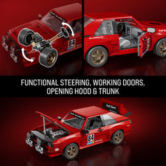 Mattel Audi Sport quattro builder hands assembling pieces showing easy-fit construction
