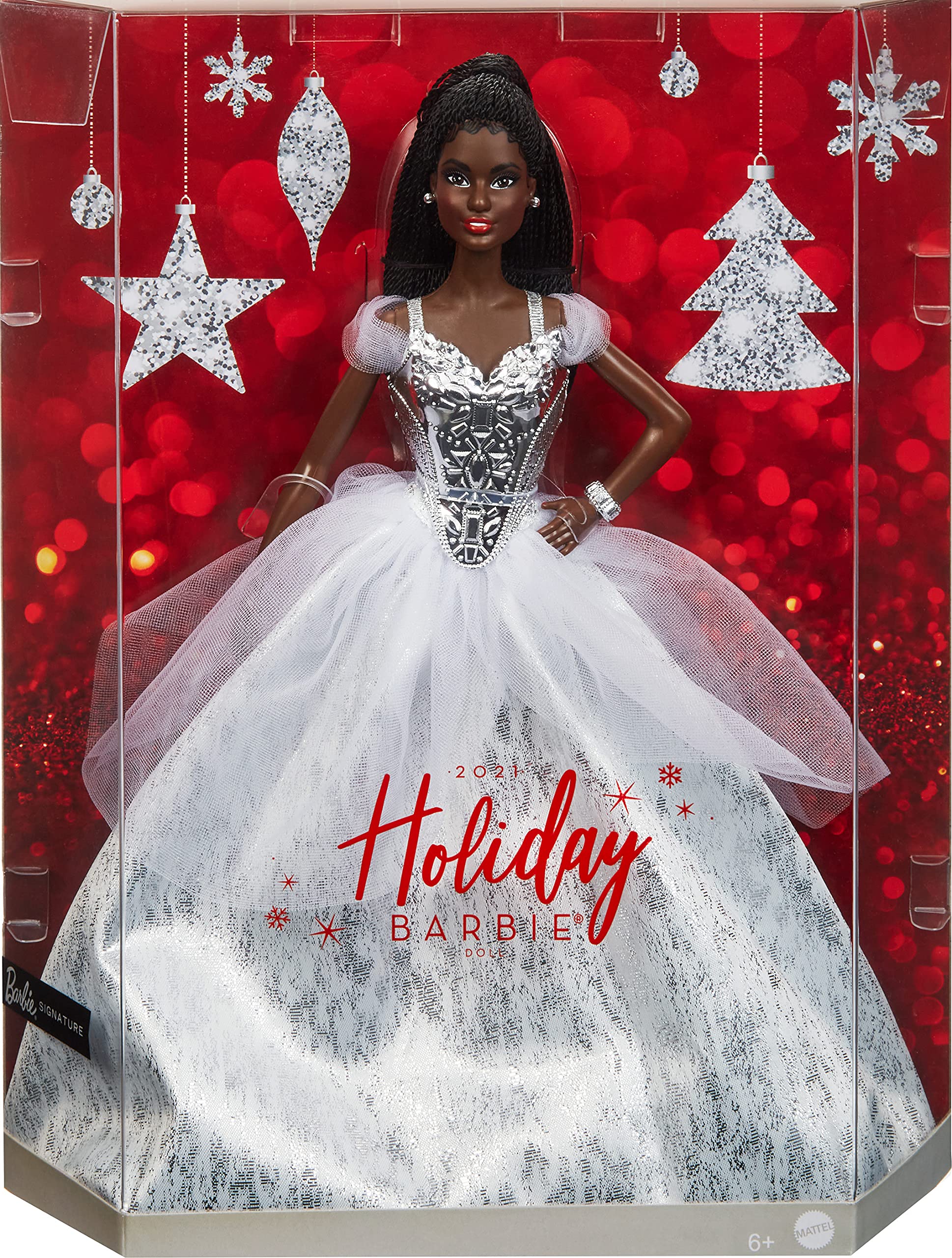 Barbie 2021 Holiday doll earrings and makeup brighten iconic holiday look on display.