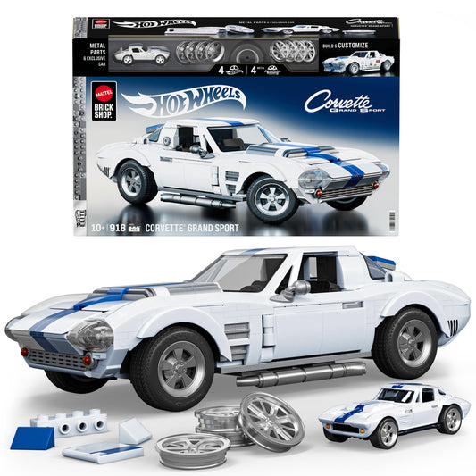 Mattel Brick Shop Corvette Grand Sport build with authentic details for display.