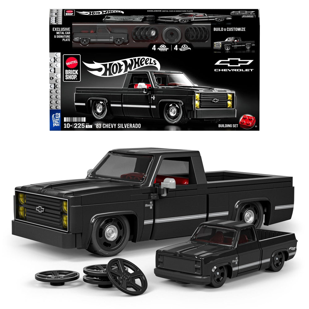 Mattel Brick Shop front packaging showing full '83 Chevy Silverado model and box benefits