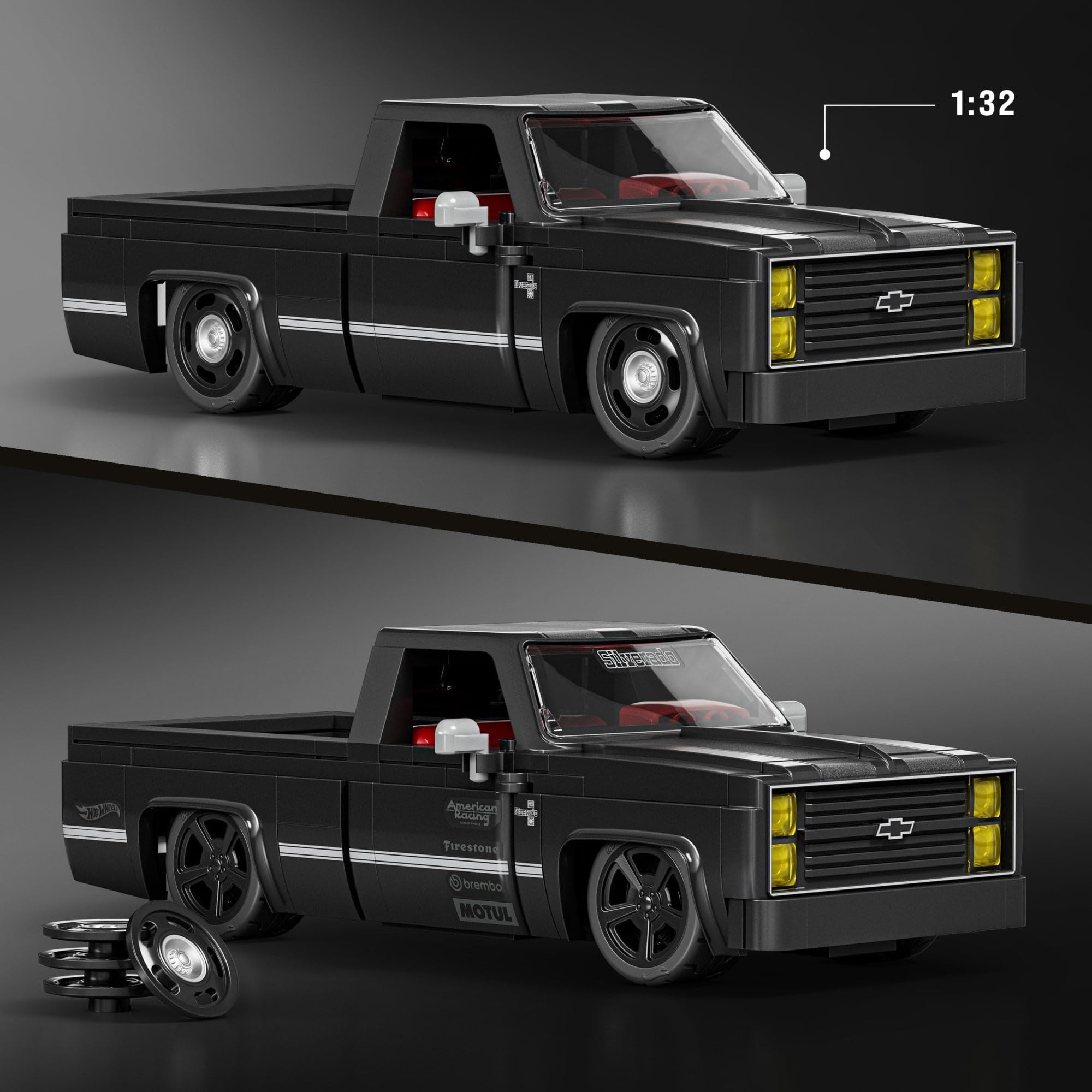 Mattel Brick Shop side profile of Silverado highlighting form and matte black finish
