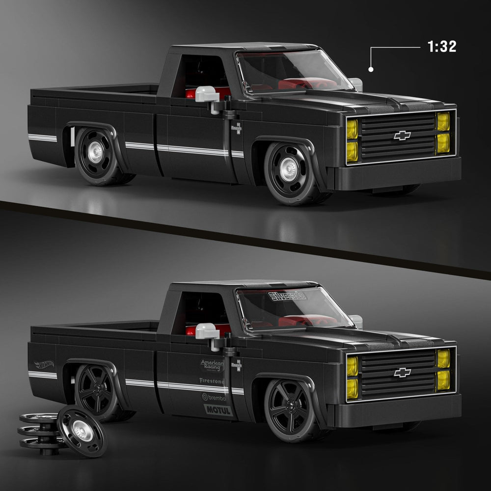 Mattel Brick Shop side profile of Silverado highlighting form and matte black finish