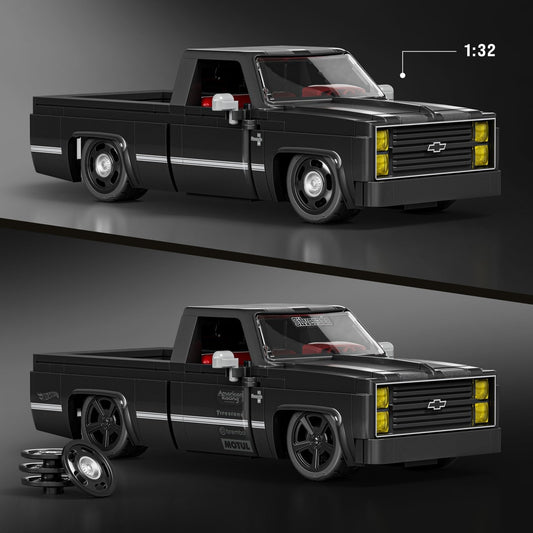 Mattel Brick Shop side profile of Silverado highlighting form and matte black finish