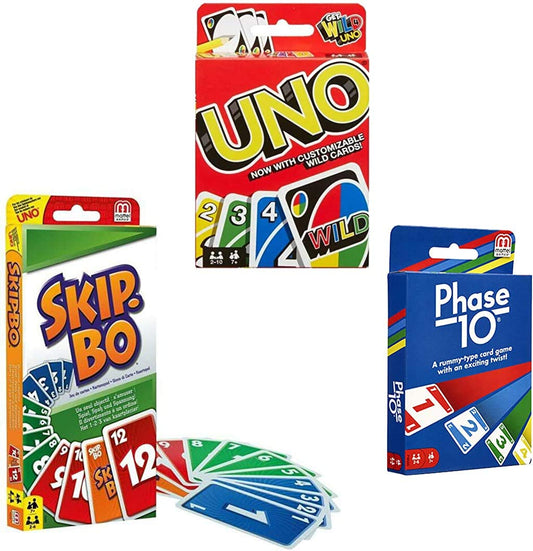 Mattel card game set featuring Skip-Bo, UNO, and Phase 10 for family fun and quick rounds