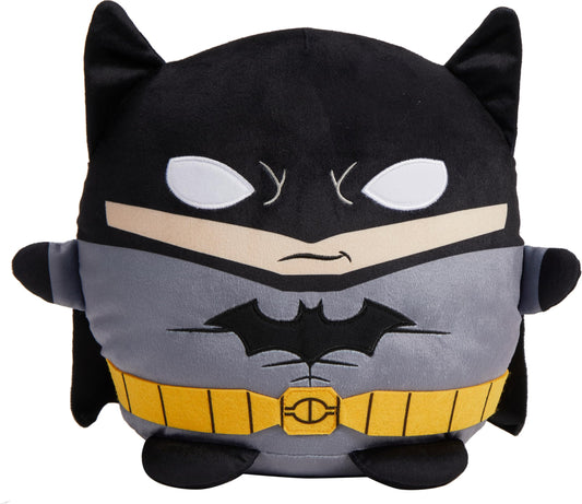 Mattel DC Cuutopia Batman plush, front view, soft squishy 10-inch cuddle buddy for play.