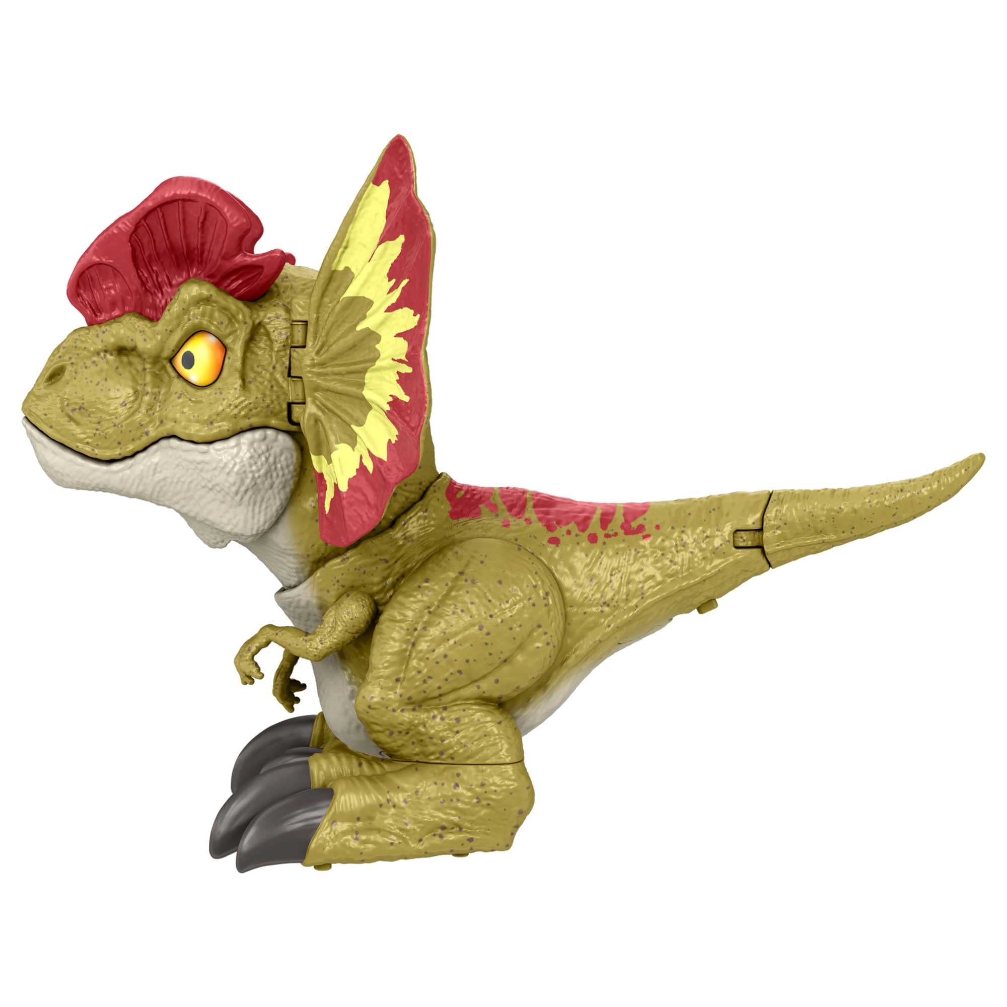 Mattel Dilophosaurus Dominion chomp action close-up supports dynamic pretend adventures.