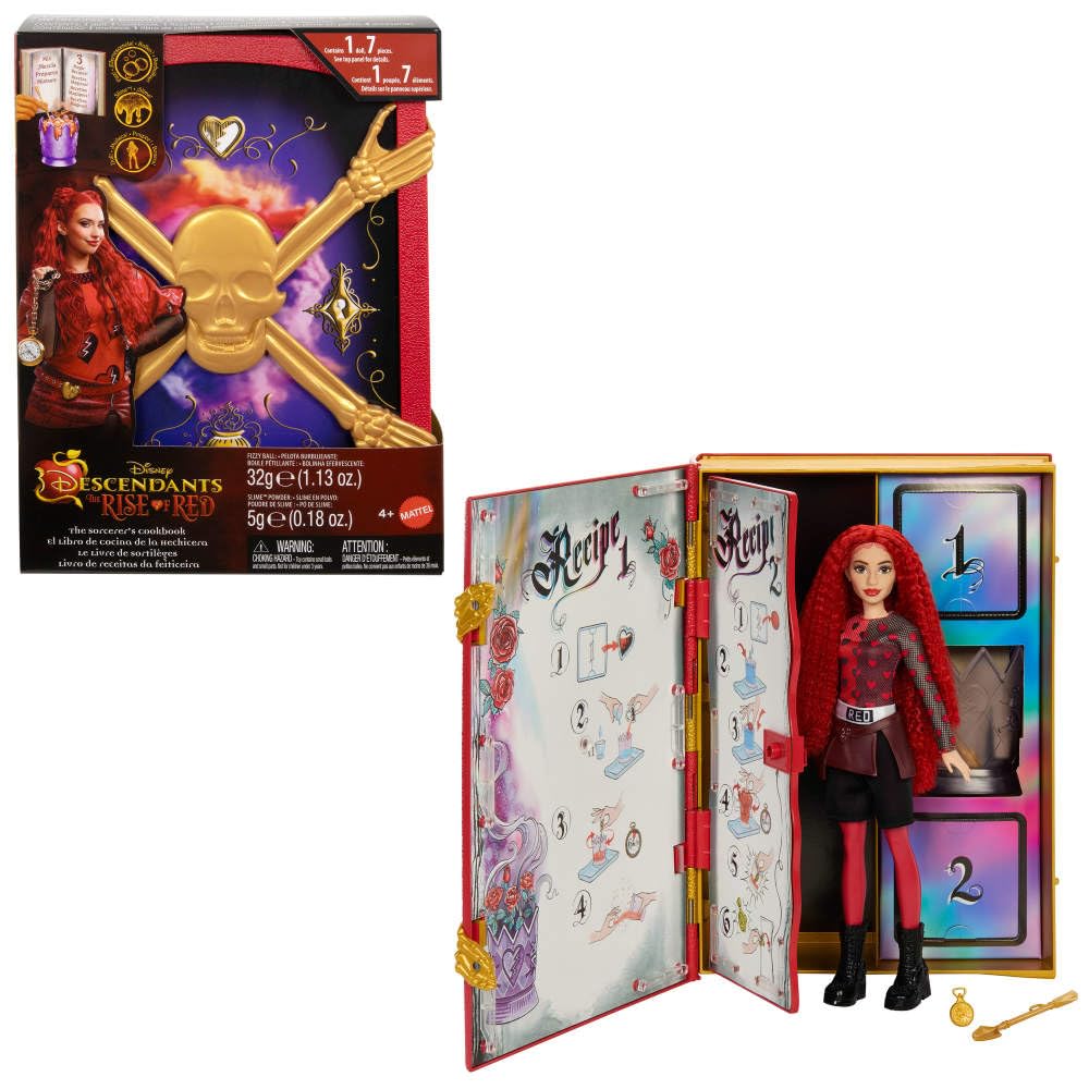 Mattel Disney Descendants Rise Red Sorcerer’s Cookbook opened to reveal three magic recipes for imaginative play