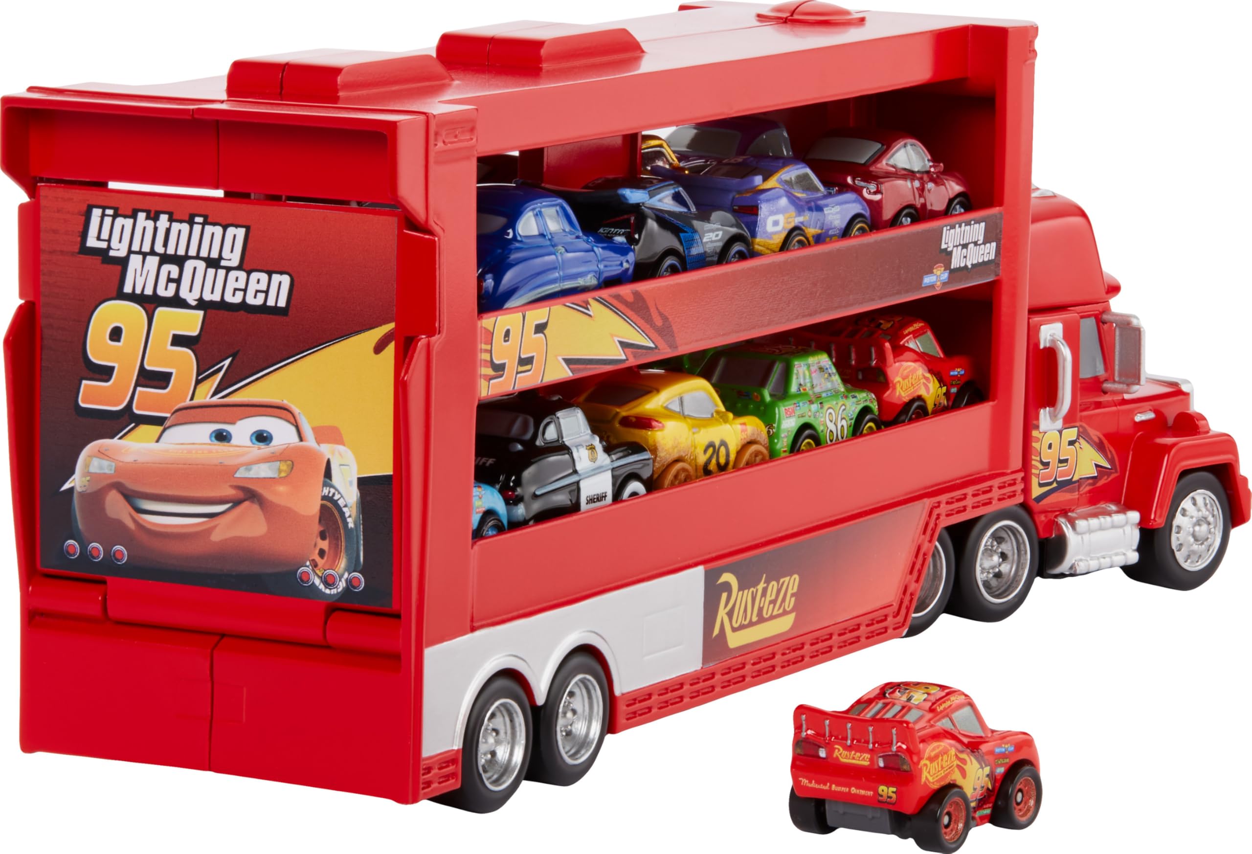 Transporter holds 18 mini racers for organized play.