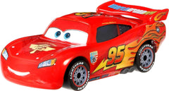 Mattel Lightning McQueen with racing wheels front view for dynamic display.