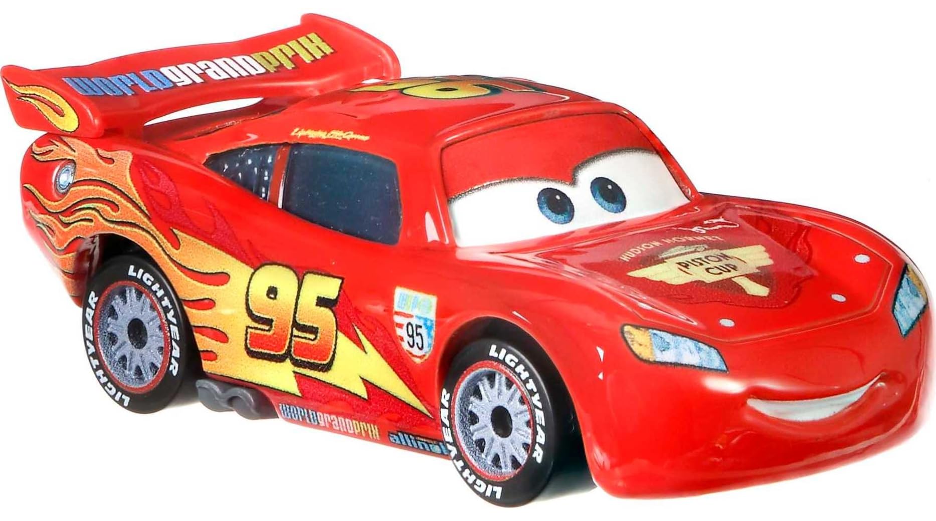 Mattel Lightning McQueen with racing wheels side view for pretend races.