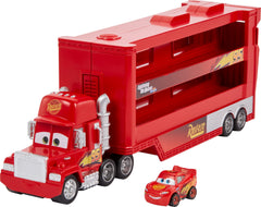 Mattel Cars Mack Hauler with extendable ramp and 18-mini capacity.