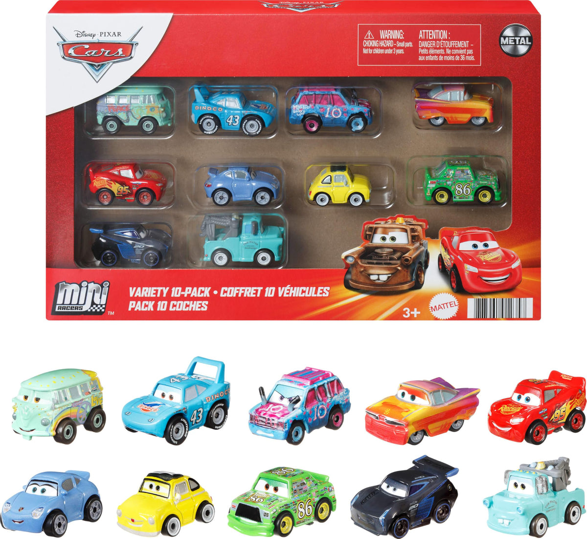 Mattel Cars 10-Pack front view with ten die-cast racers for imaginative play