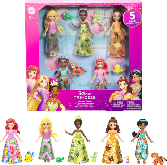 Mattel Disney Princess & Friends set with five posable dolls for imaginative storytelling
