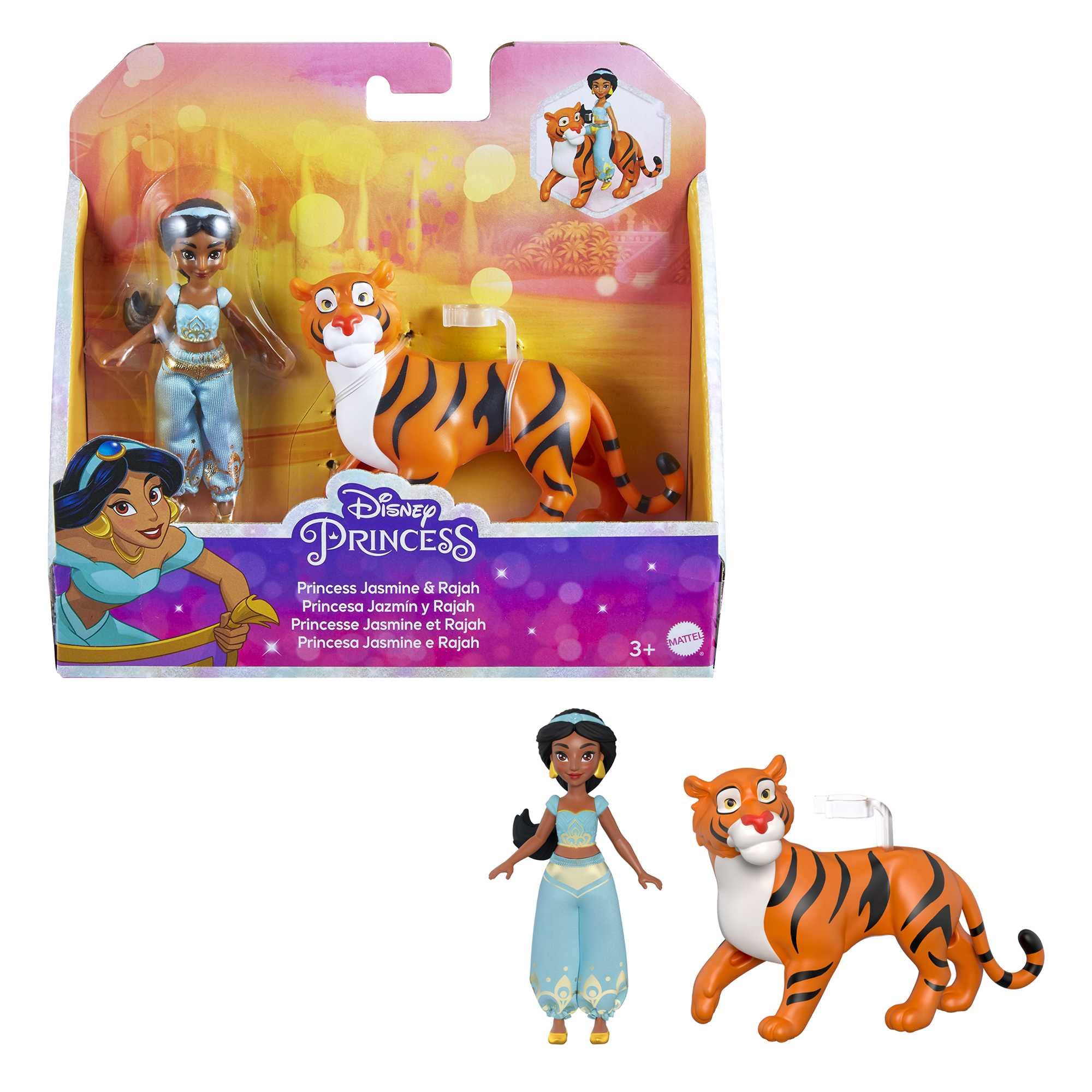 Mattel Disney Princess Jasmine small doll with seat for seated adventures.