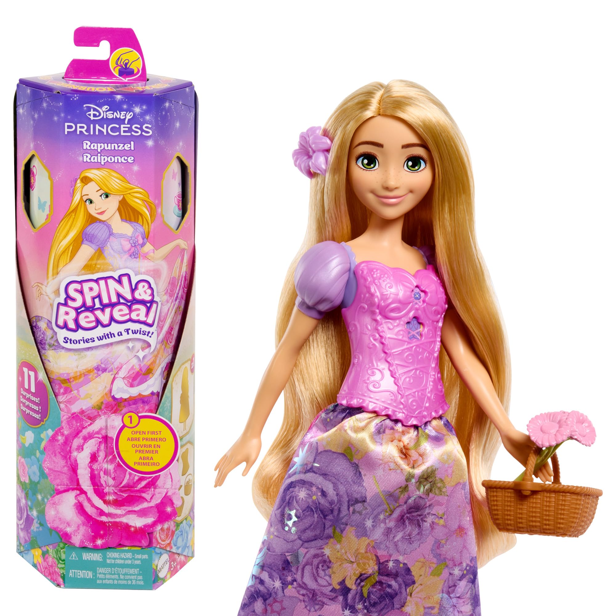 Mattel Disney Princess Rapunzel Spin Reveal flower opens to a magical garden scene for storytelling.