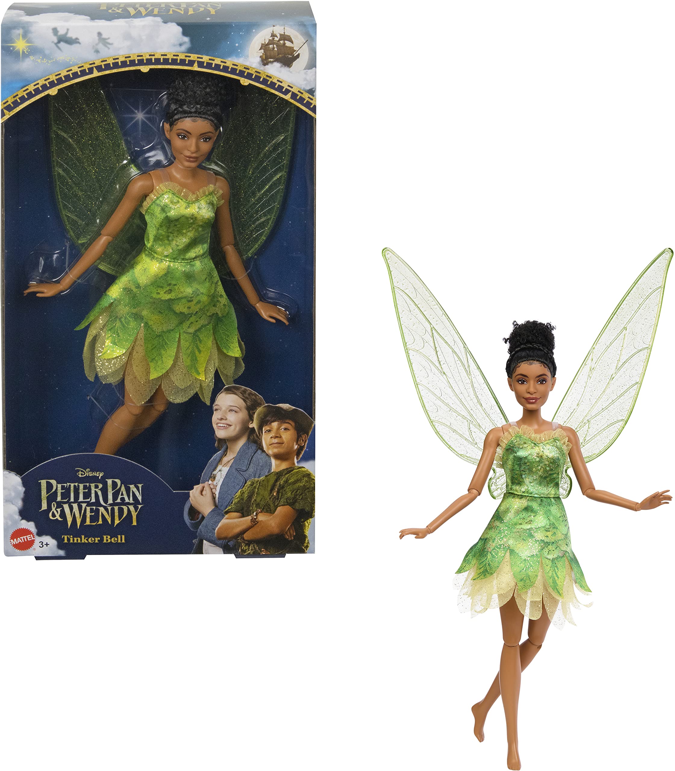 Mattel Disney Tinker Bell doll in green dress ready for imaginative play.