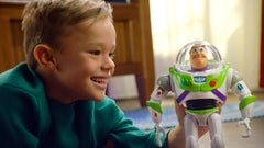 Mattel Buzz Lightyear back button activates chopping action with bold sound effects.