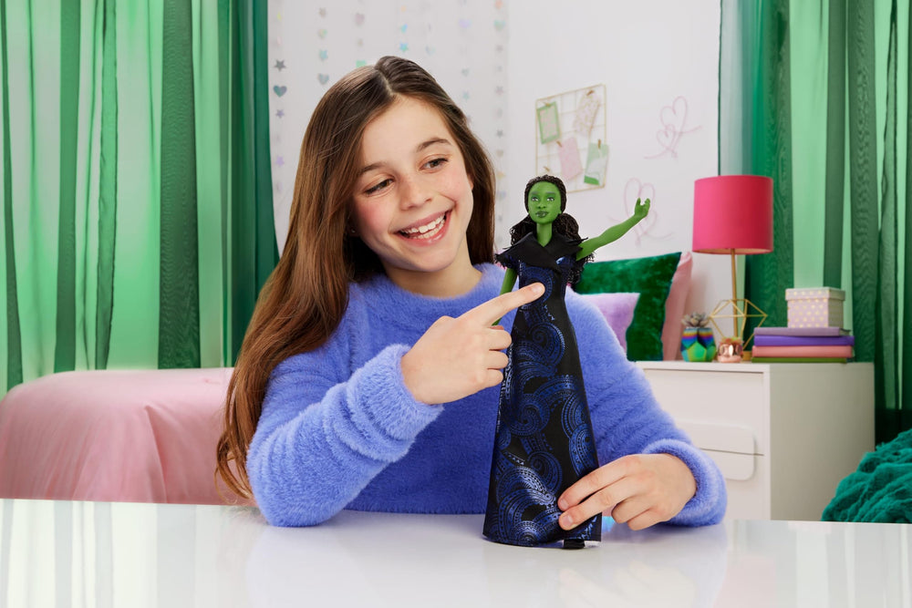 Mattel Elphaba doll button sings For Good for magical storytelling.