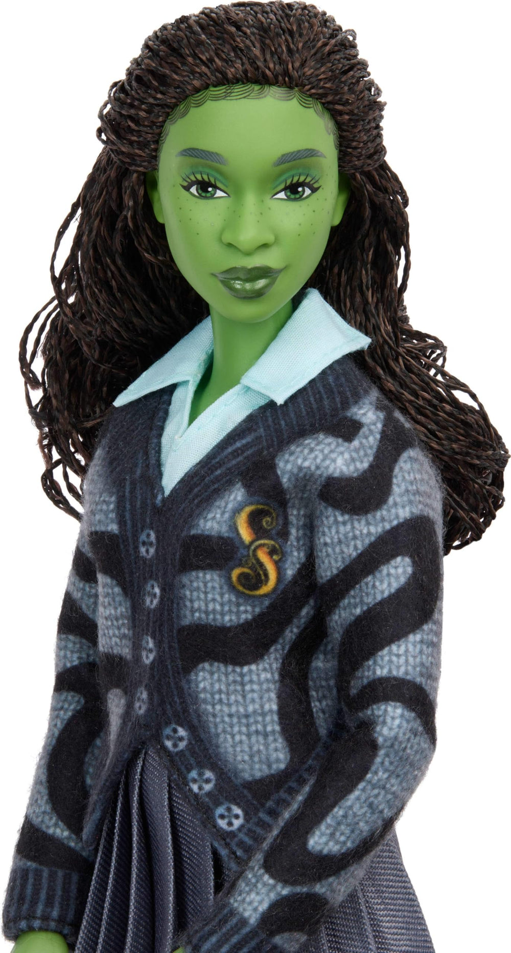 Elphaba doll showing asymmetrical skirt and leggings for dynamic poses