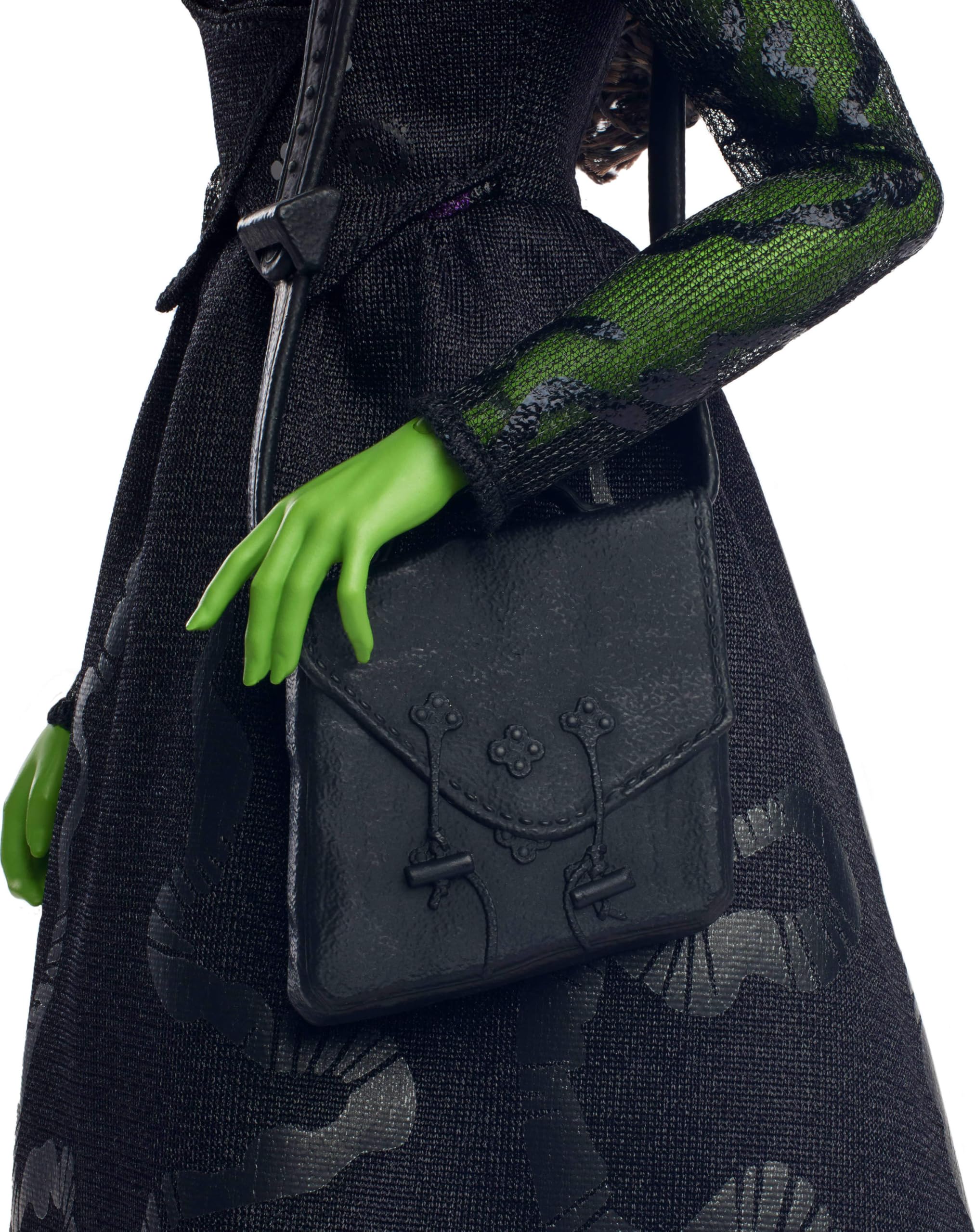 Mattel Elphaba doll wearing signature hat to enhance display and play scenes.