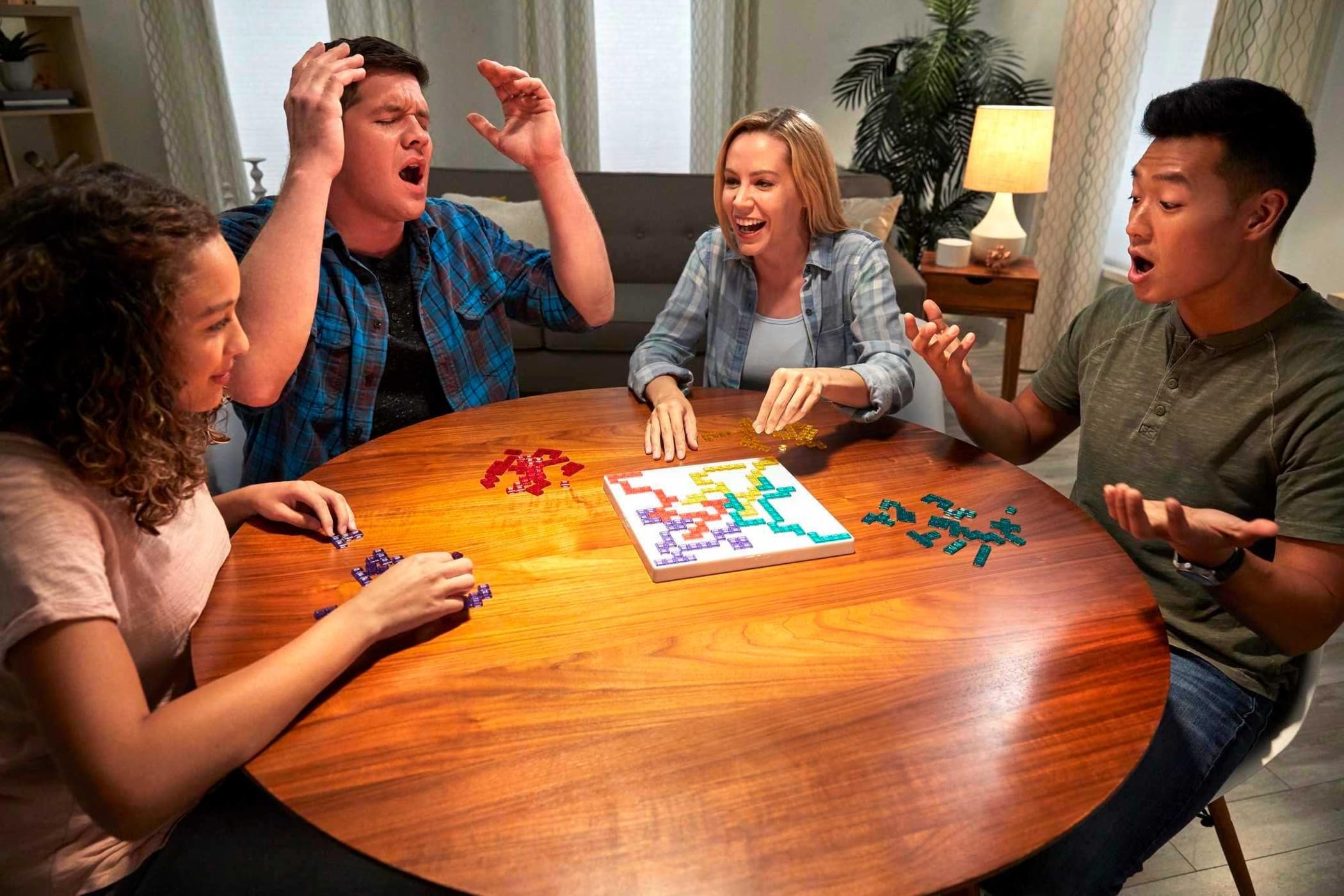 Mattel Games Blokus colorful pieces displayed on the board support easy color recognition.