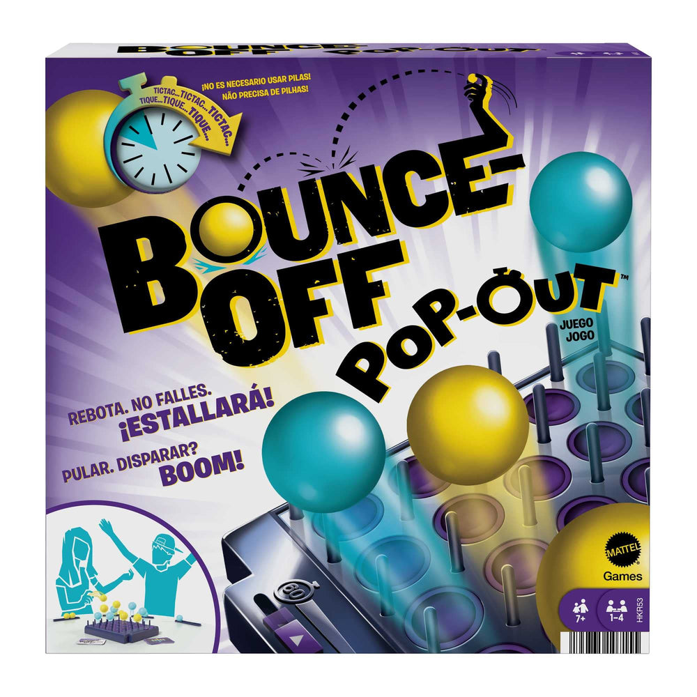 Mattel Games Bounce-Off Pop-Out shows colorful balls bouncing into the grid for fast pattern matching.