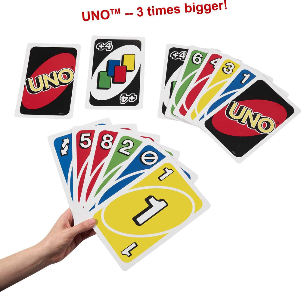 Mattel Games Giant UNO action cards add dramatic twists to game nights.