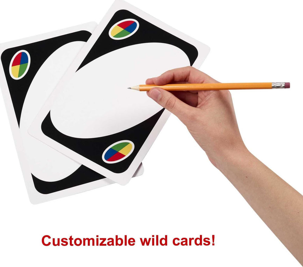 Mattel Games Giant UNO two blank Wild Cards enable house-rule creativity.